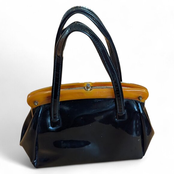 Vintage 1950s/60s Black Patent Leather Handbag with Lucite Handle - Picture 2 of 8